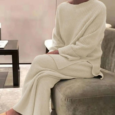 Damen Tracksuit Set – Pullover & Weite Hose, Winter Strick-Outfit