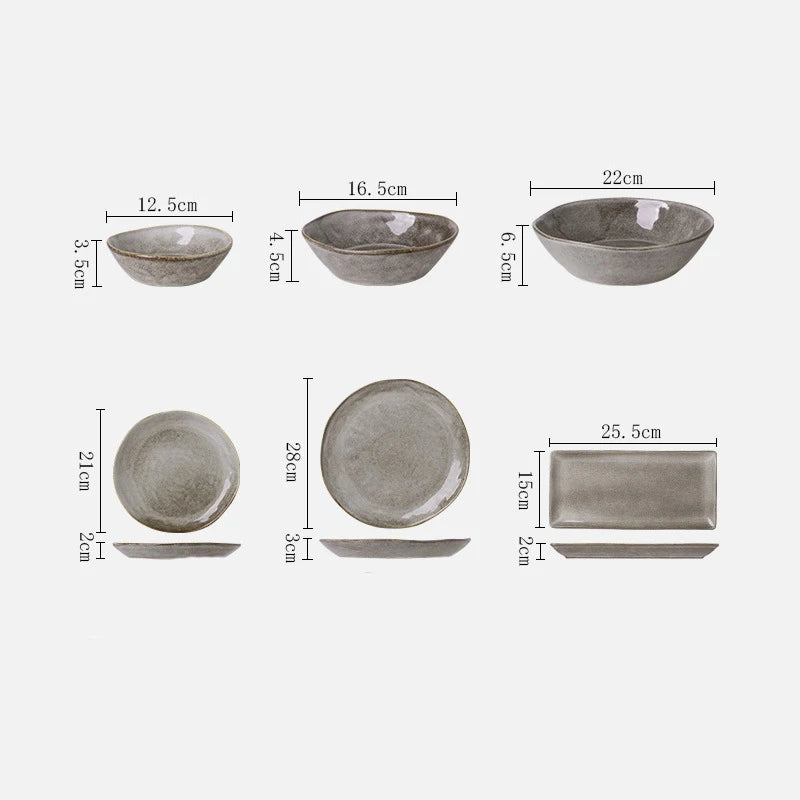 Japanisches Keramik Dinner Plate & Reisschale Set – Retro Graues Porzellan Tableware für Sushi, Salat & mehr
