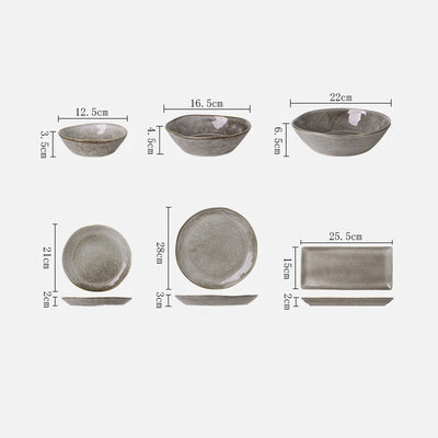 Japanisches Keramik Dinner Plate & Reisschale Set – Retro Graues Porzellan Tableware für Sushi, Salat & mehr