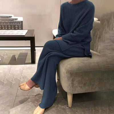 Damen Tracksuit Set – Pullover & Weite Hose, Winter Strick-Outfit