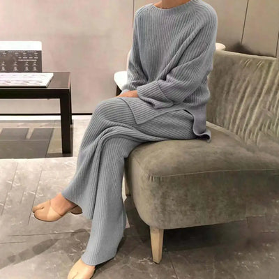 Damen Tracksuit Set – Pullover & Weite Hose, Winter Strick-Outfit
