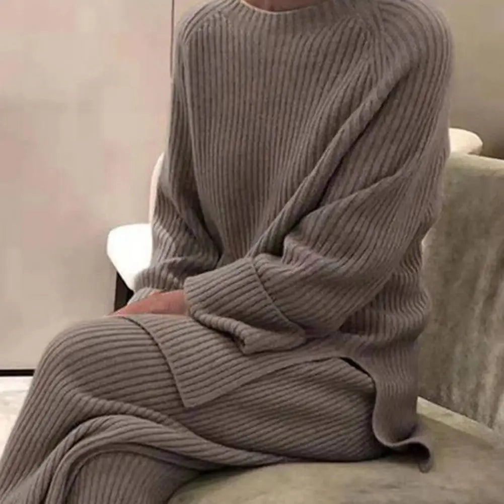 Damen Tracksuit Set – Pullover & Weite Hose, Winter Strick-Outfit