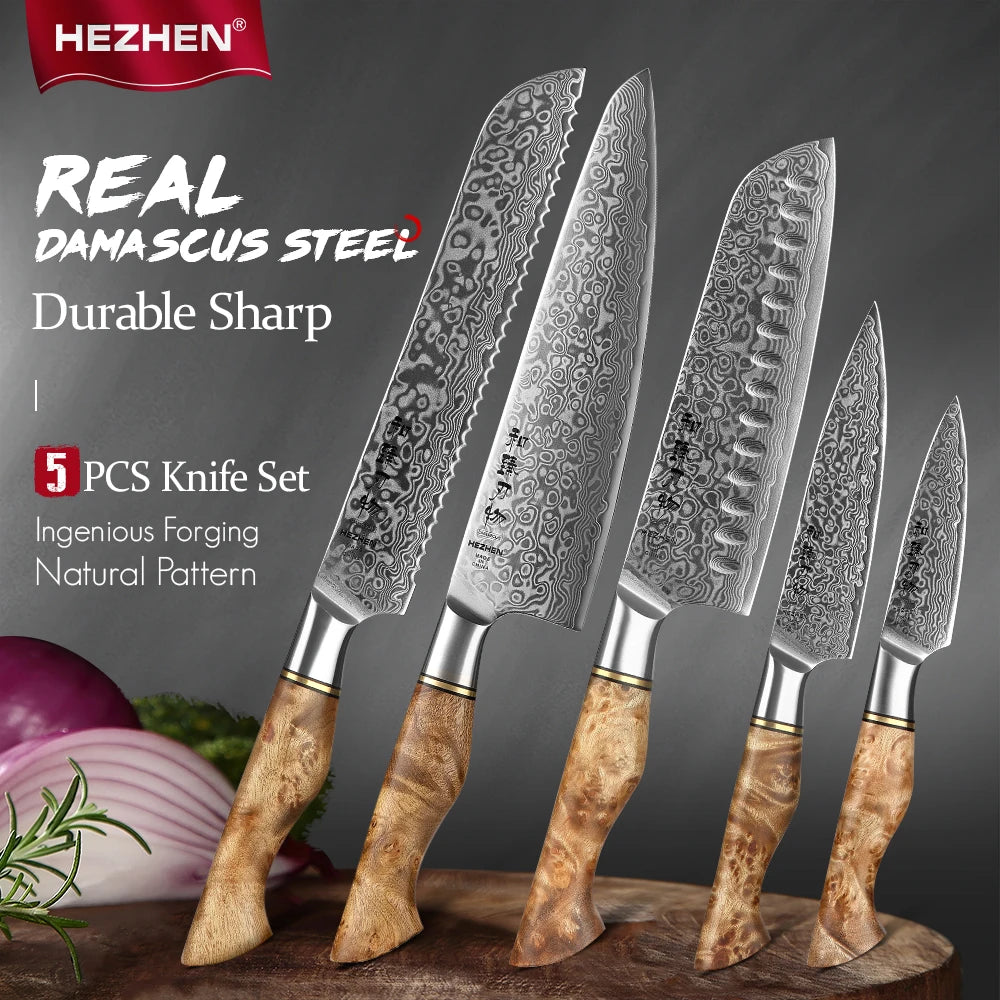 HEZHEN Profi-Messer-Set – Damaststahl Küchenmesser für Präzision & Schärfe