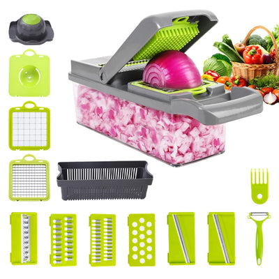 Multifunktionaler Gemüseschneider – Obst- und Kartoffelschäler, Karottenreibe, Küchenzubehör mit Korb