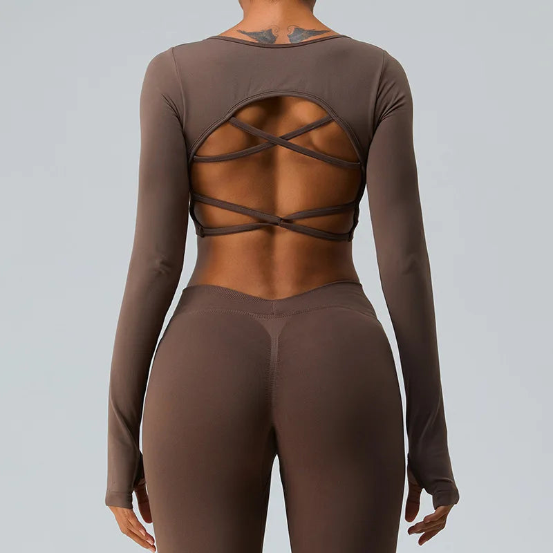 Sexy gepolstertes Langarm-Yoga-Shirt für Damen, Sporttop für das Fitnessstudio, schnell trocknendes Outdoor-Trainings-Crop-Top