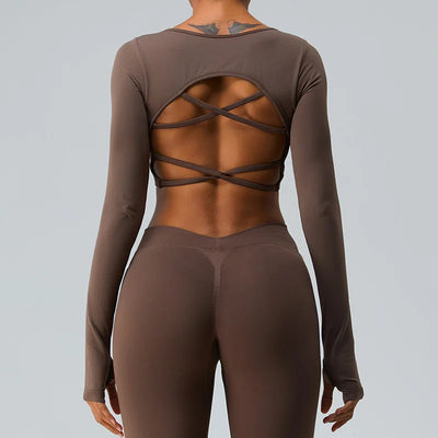Sexy gepolstertes Langarm-Yoga-Shirt für Damen, Sporttop für das Fitnessstudio, schnell trocknendes Outdoor-Trainings-Crop-Top