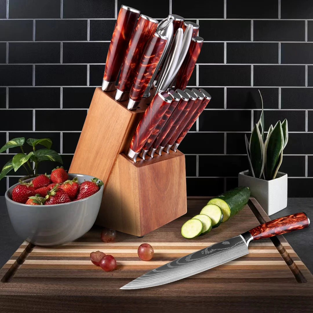 15-teiliges Messer-Set – Profi-Küchenmesser mit Holzblock & Schere