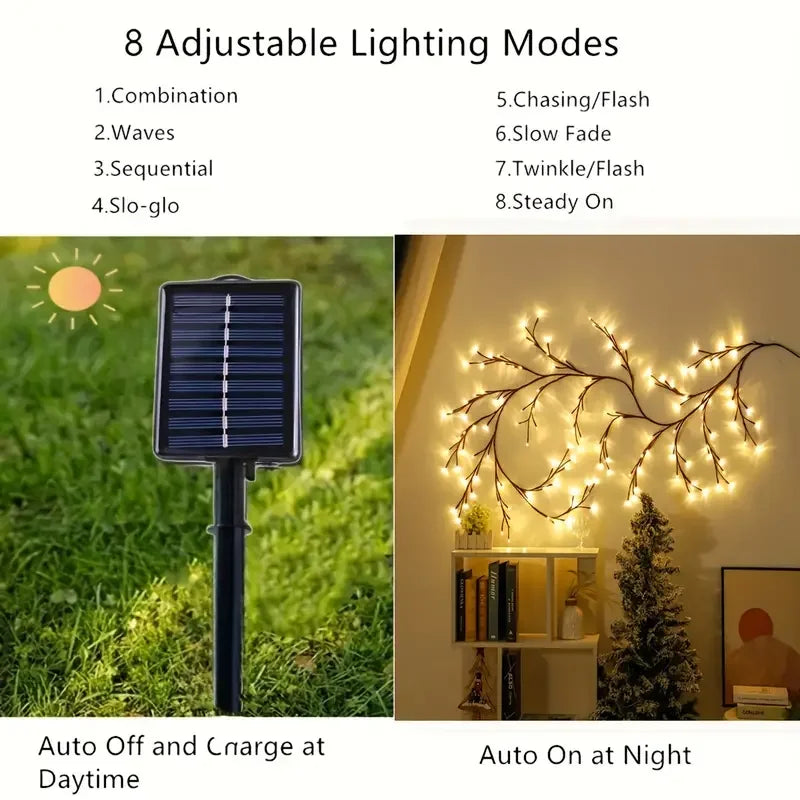 Solarbetriebene Rattan-Weidenzweig-Lichterkette mit 72 LEDs für Hochzeits- und Wohnraumdekoration