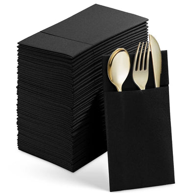 50er-Packung Einweg-Servietten mit Bestecktasche – Stoffähnliche, vorgefaltete Papierservietten für Hochzeit & Party, langlebig, Schwarz