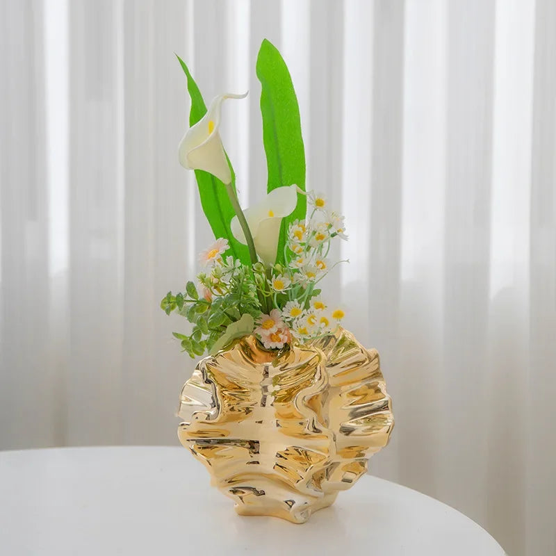 Europäischer Stil, elektroplattierte Keramikvase mit goldfarbener Oberfläche für hydroponische Trockenblumen – Luxus-Deko-Ornament für das Zuhause
