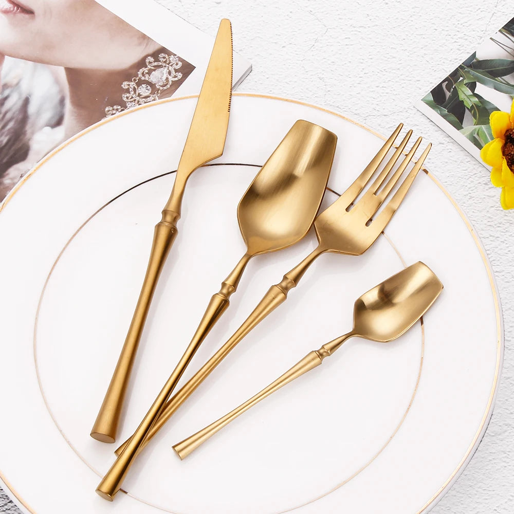 6/16/24-tlg. Edelstahl-Besteckset – Elegantes Gold-Design, Messer, Gabel & Löffel