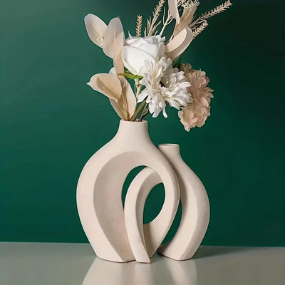 Hollow Nordic Moderne Keramikvase Set aus 2 für Wohnkultur, Boho Blumenvasen für Wohnzimmer