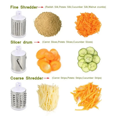 Manueller Gemüseschneider & Reibe mit 3 Trommeln – Multifunktionaler Küchenhelfer für Käse, Knoblauch & Kartoffeln