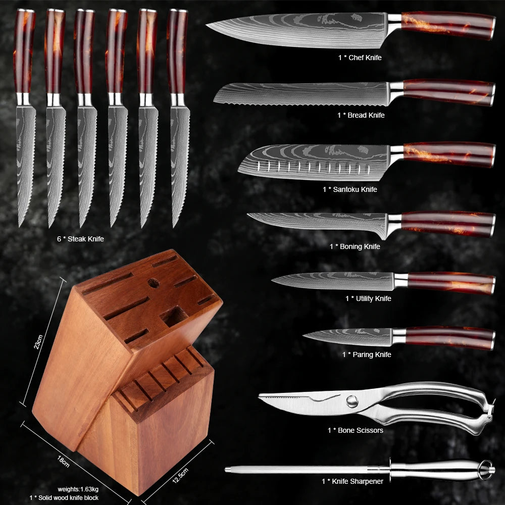 15-teiliges Messer-Set – Profi-Küchenmesser mit Holzblock & Schere