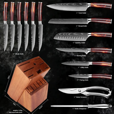 15-teiliges Messer-Set – Profi-Küchenmesser mit Holzblock & Schere