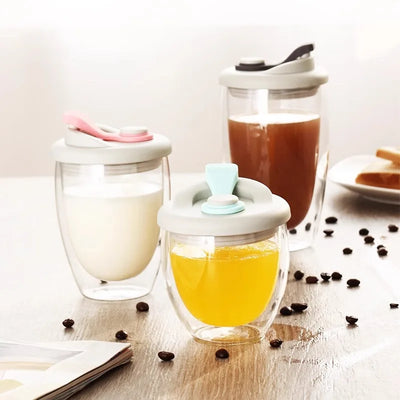 GIANXI Doppelwandige Glastasse 350ml/450ml mit Deckel – Transparent, für Kaffee & Getränke