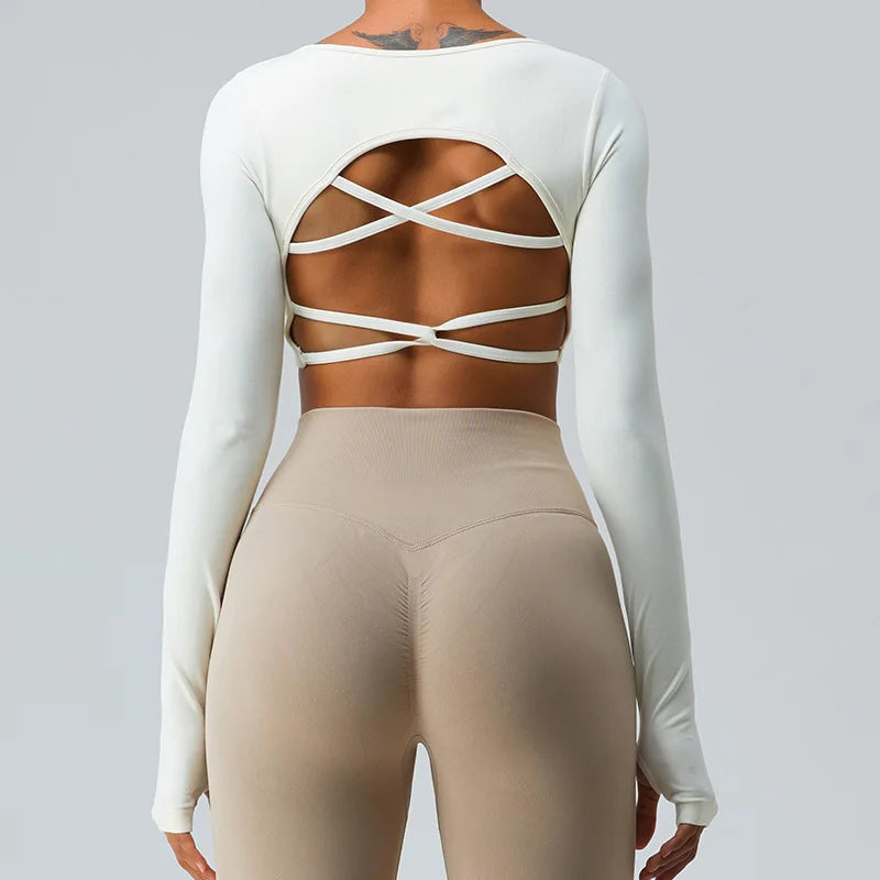 Sexy gepolstertes Langarm-Yoga-Shirt für Damen, Sporttop für das Fitnessstudio, schnell trocknendes Outdoor-Trainings-Crop-Top