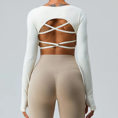 Sexy gepolstertes Langarm-Yoga-Shirt für Damen, Sporttop für das Fitnessstudio, schnell trocknendes Outdoor-Trainings-Crop-Top