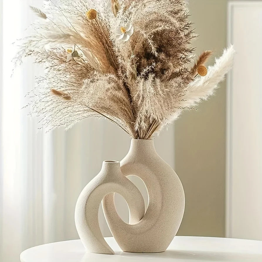 Hollow Nordic Moderne Keramikvase Set aus 2 für Wohnkultur, Boho Blumenvasen für Wohnzimmer