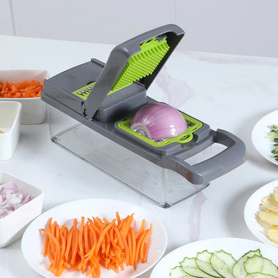 Multifunktionaler Gemüseschneider – Obst- und Kartoffelschäler, Karottenreibe, Küchenzubehör mit Korb