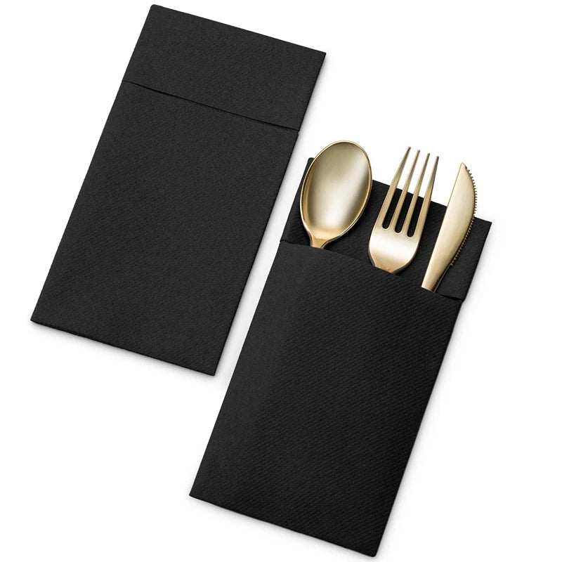 50er-Packung Einweg-Servietten mit Bestecktasche – Stoffähnliche, vorgefaltete Papierservietten für Hochzeit & Party, langlebig, Schwarz