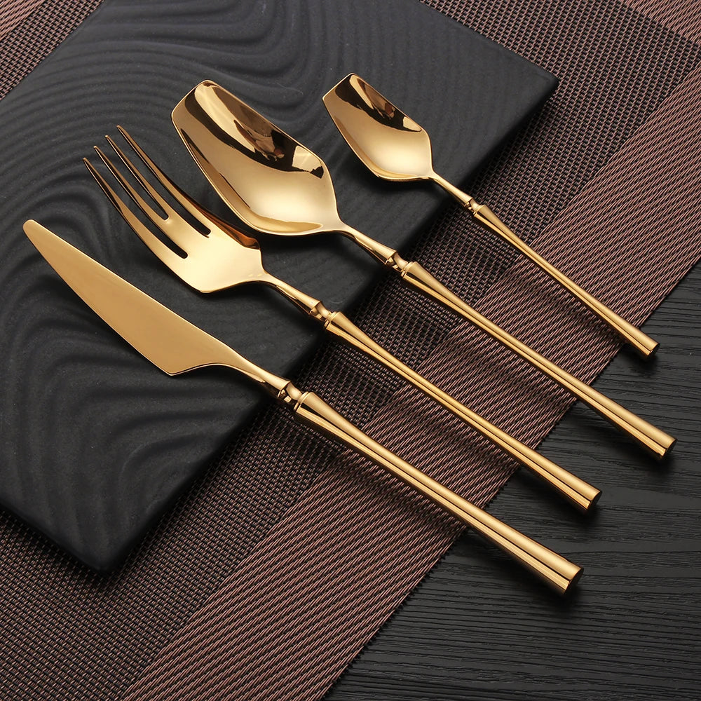 6/16/24-tlg. Edelstahl-Besteckset – Elegantes Gold-Design, Messer, Gabel & Löffel
