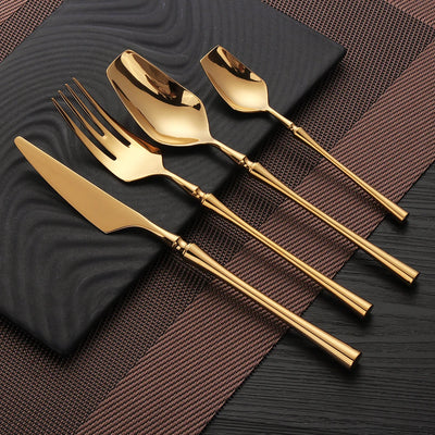 6/16/24-tlg. Edelstahl-Besteckset – Elegantes Gold-Design, Messer, Gabel & Löffel