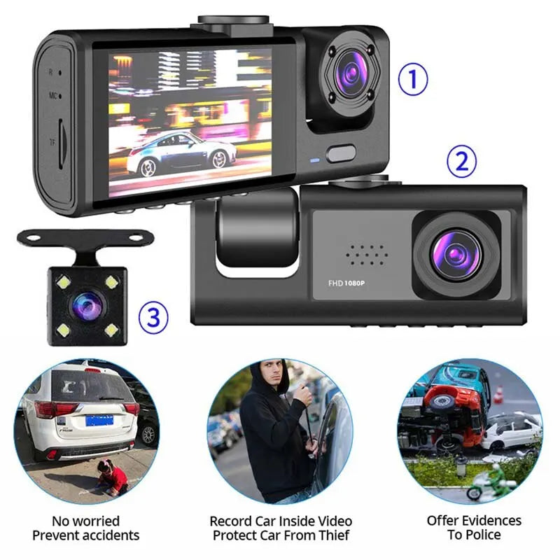 Dashcam mit IR-Nachtsicht & 3 Kameras – 1080P, Loop-Aufnahme, 2" IPS-Display