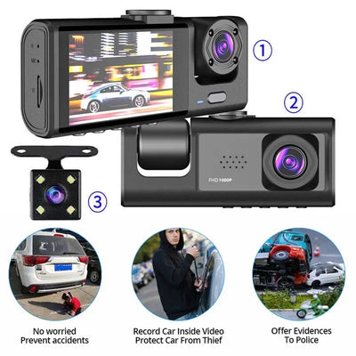 Dashcam mit IR-Nachtsicht & 3 Kameras – 1080P, Loop-Aufnahme, 2" IPS-Display