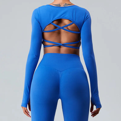Sexy gepolstertes Langarm-Yoga-Shirt für Damen, Sporttop für das Fitnessstudio, schnell trocknendes Outdoor-Trainings-Crop-Top