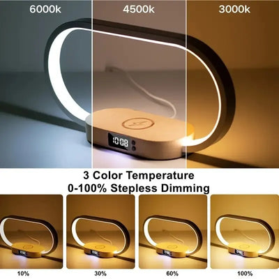 Multifunktionale LED-Schreibtischlampe mit Uhr, Nachtlicht & Wireless Charger